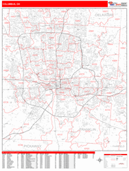 Columbus Wall Map Zip Code Red Line Style 2024