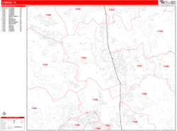 Conroe Wall Map Zip Code Red Line Style 2024