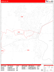 Corvallis Wall Map Zip Code Red Line Style 2024