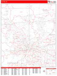 Dayton Wall Map Zip Code Red Line Style 2024