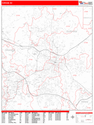 Durham Wall Map Zip Code Red Line Style 2025