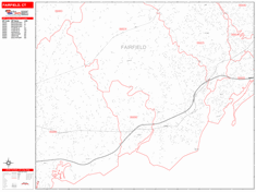 Fairfield Wall Map Zip Code Red Line Style 2024