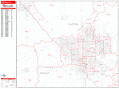 Fresno Wall Map Zip Code Red Line Style 2024