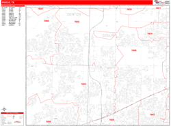 Frisco Wall Map Zip Code Red Line Style 2024
