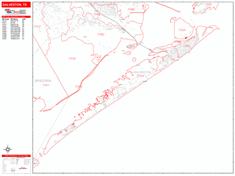 Galveston Wall Map Zip Code Red Line Style 2024