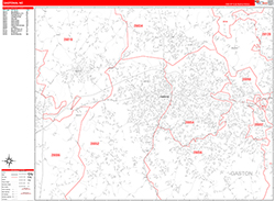 Gastonia Wall Map Zip Code Red Line Style 2026