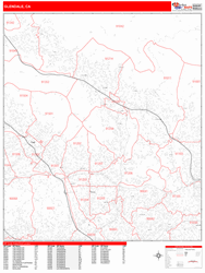 Glendale Wall Map Zip Code Red Line Style 2024