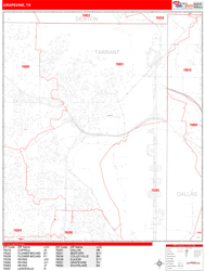 Grapevine Wall Map Zip Code Red Line Style 2024