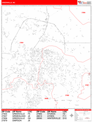 Greenville Wall Map Zip Code Red Line Style 2025