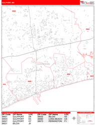 Gulfport Wall Map Zip Code Red Line Style 2024