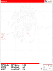 Hanford Wall Map Zip Code Red Line Style 2024