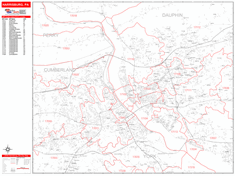 Harrisburg Wall Map Zip Code Red Line Style 2024