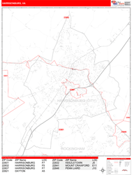 Harrisonburg Wall Map Zip Code Red Line Style 2024