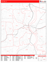 Hartford Wall Map Zip Code Red Line Style 2024