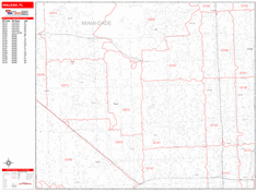 Hialeah Wall Map Zip Code Red Line Style 2024