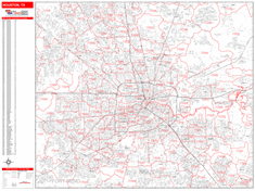 Houston Wall Map Zip Code Red Line Style 2024