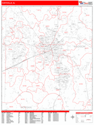 Huntsville Wall Map Zip Code Red Line Style 2024