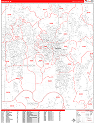 Huntsville Wall Map Zip Code Red Line Style 2026