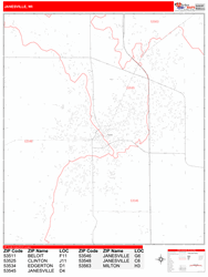 Janesville Wall Map Zip Code Red Line Style 2024