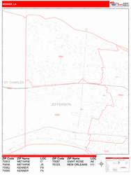 Kenner Wall Map Zip Code Red Line Style 2025