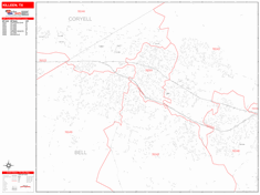 Killeen Wall Map Zip Code Red Line Style 2024