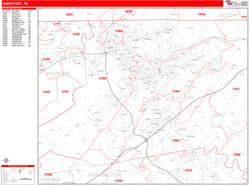 Kingsport Wall Map Zip Code Red Line Style 2025