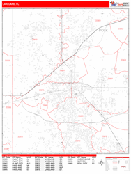 Lakeland Wall Map Zip Code Red Line Style 2024