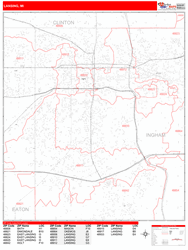 Lansing Wall Map Zip Code Red Line Style 2024