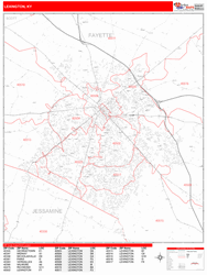 Lexington Wall Map Zip Code Red Line Style 2024