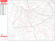 Louisville Wall Map Zip Code Red Line Style 2024