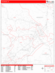 Lynchburg Wall Map Zip Code Red Line Style 2024