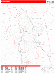 Manchester Wall Map Zip Code Red Line Style 2024