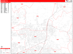 McKinney Wall Map Zip Code Red Line Style 2024