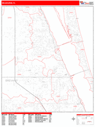 Melbourne Wall Map Zip Code Red Line Style 2024