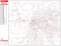 Memphis Wall Map Zip Code Red Line Style 2025