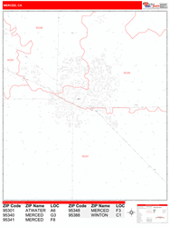 Merced Wall Map Zip Code Red Line Style 2024
