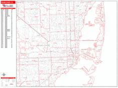 Miami Wall Map Zip Code Red Line Style 2024