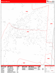 Middletown Wall Map Zip Code Red Line Style 2024