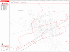 Midland Wall Map Zip Code Red Line Style 2024