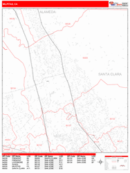 Milpitas Wall Map Zip Code Red Line Style 2024