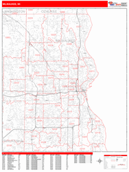 Milwaukee Wall Map Zip Code Red Line Style 2024