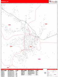 Missoula Wall Map Zip Code Red Line Style 2024