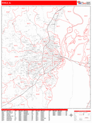 Mobile Wall Map Zip Code Red Line Style 2024