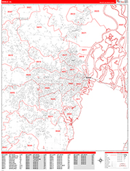 Mobile Wall Map Zip Code Red Line Style 2026