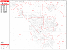 Modesto Wall Map Zip Code Red Line Style 2024