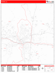 Monroe Wall Map Zip Code Red Line Style 2024