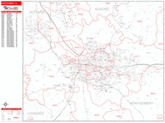 Montgomery Wall Map Zip Code Red Line Style 2024
