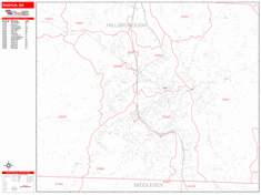 Nashua Wall Map Zip Code Red Line Style 2024