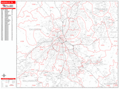 Nashville Wall Map Zip Code Red Line Style 2024