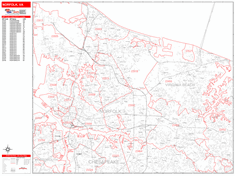 Norfolk Wall Map Zip Code Red Line Style 2024